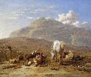 Southern landscape with young shepherd and dog.